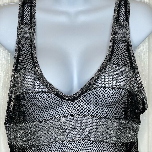 Guess See Through Mesh Sleeveless Striped Shirt Black and Gray Size Large - Picture 4 of 14